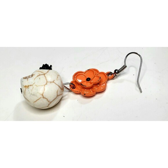 Gothic Dia De Los Muertos Skull Earrings Orange Marigold Floral Dangle Boho - Picture 5 of 8